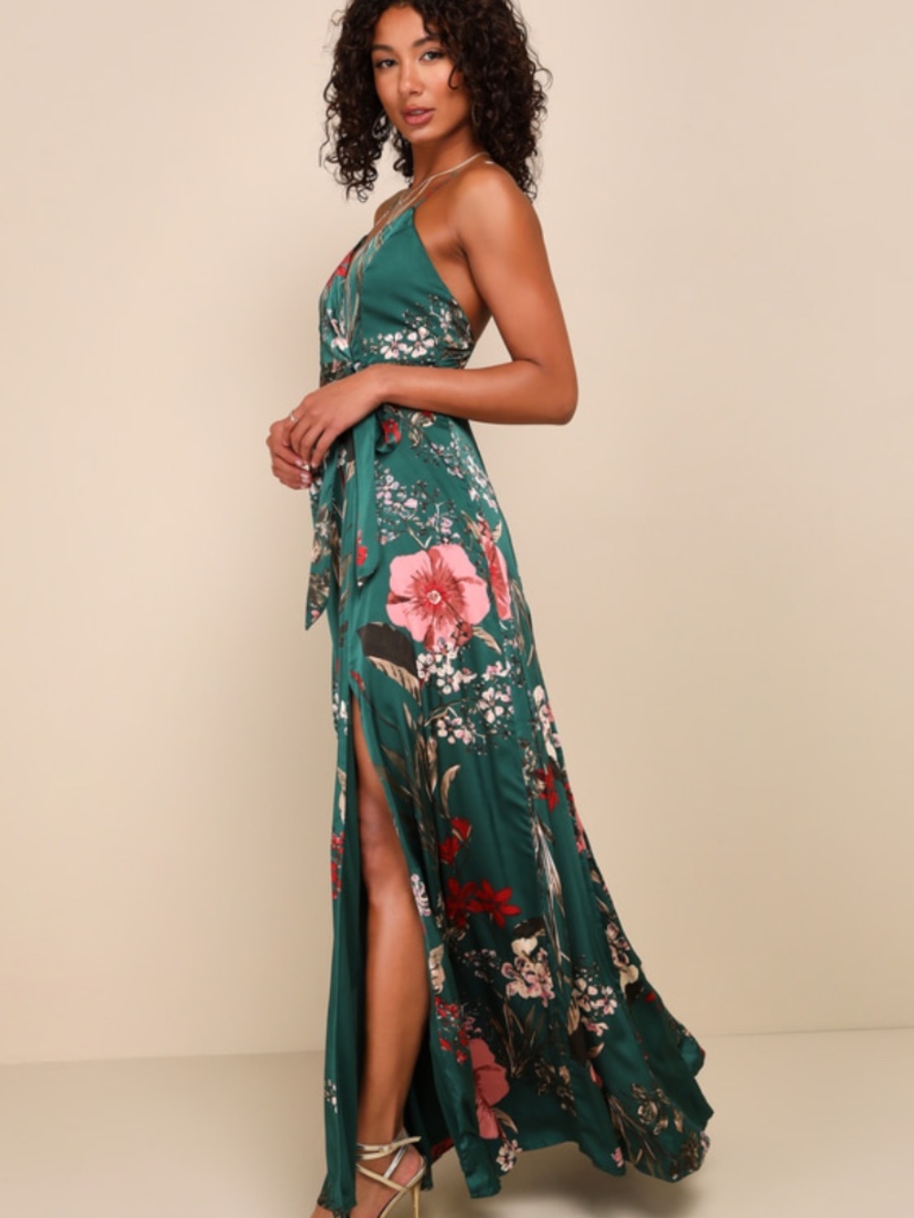 Lulus Still The One Emerald Green Floral Print Satin Maxi Dress - Size M